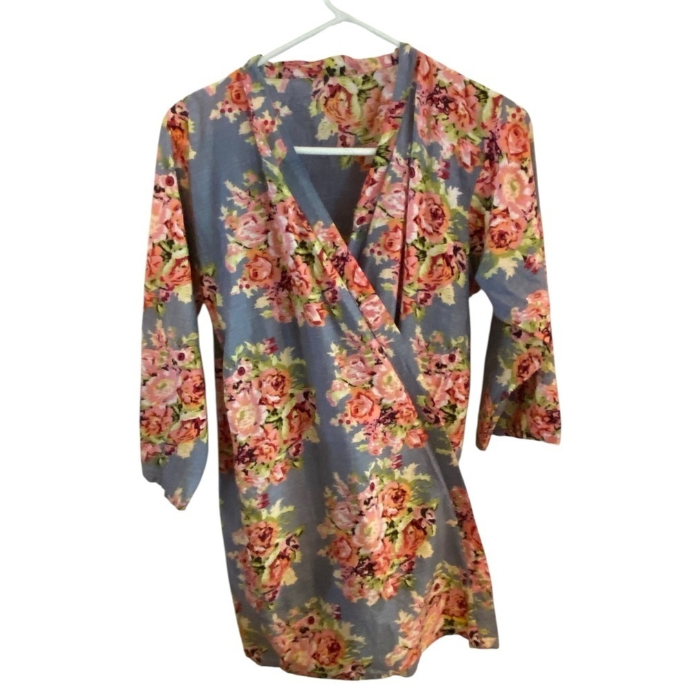 Vintage Dusty blue Floral cotton Robe /duster / kimono